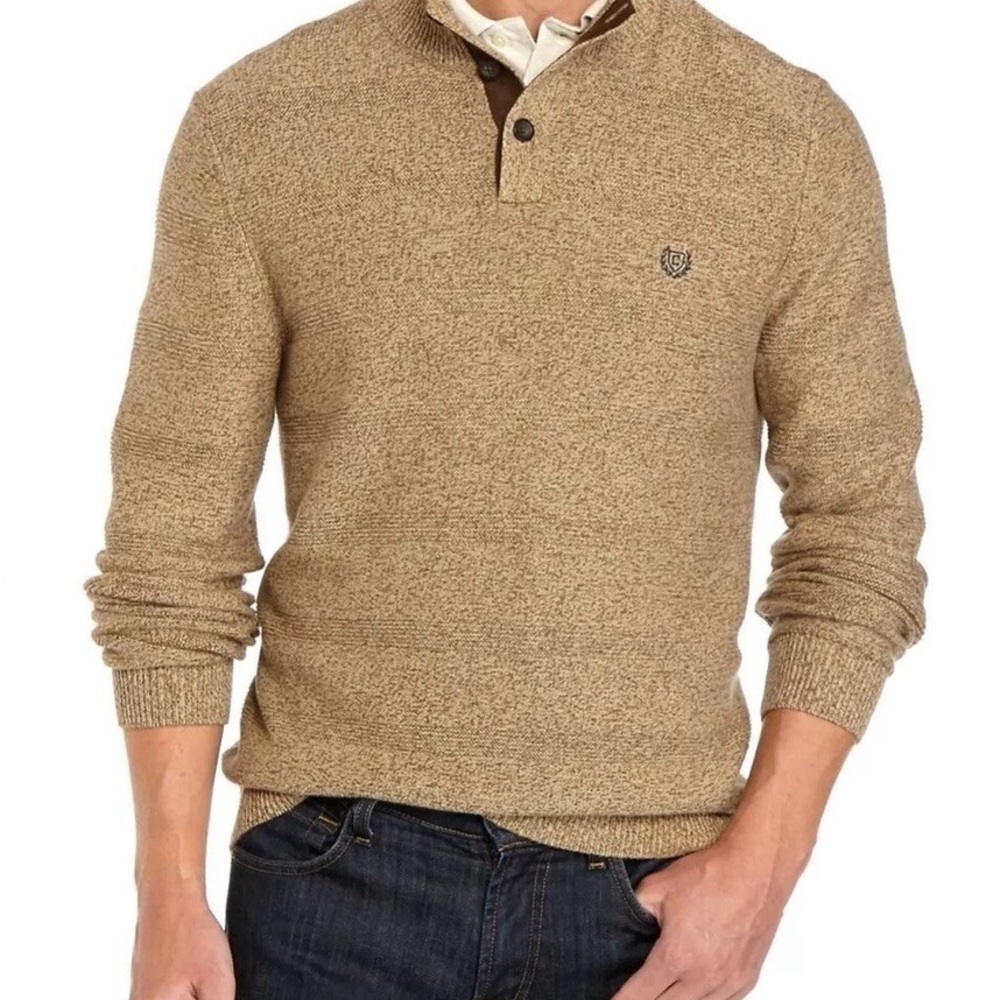 Chaps Tan 1/4 Button Knit Elbow Patch Knit Sweater Men’s Size Medium Academia